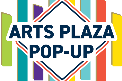 ARTS PLAZA POP-UP superimposed on a diamond shaped outline in orange and blue, behind which are pillars in primary colors