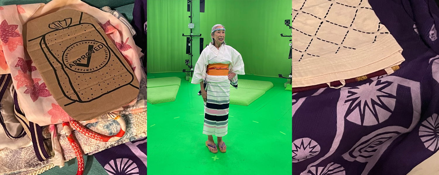 a woman dressed in Japanese kimono and headband stands in a green room filled with lights and cameras. Behind her photo is a sub layer of close up images of kimono fabric