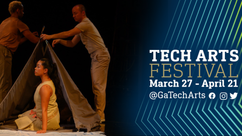 A photo of one female dancer, she is sitting on the ground inside what looks to be a canvas tent. The photo is framed by angled pinstripes in blue and gold and the words TECH ARTs FESTIVAL March 27-April 21.