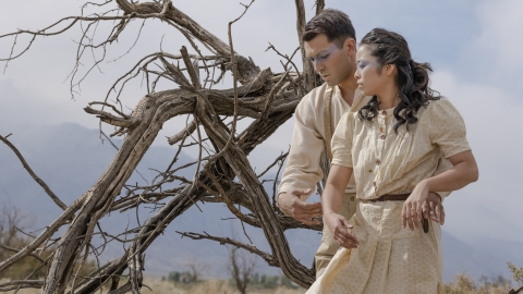 Two figures facing the camera but looking downward to the side, the man behind the woman with his arms around her waist. Twisted, gnarled, bare branches are next to them. Behind them is a range of mountains and smoky blue sky and clouds.