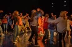 A blurry image of multiple people in motion on a stage, a mix of audience members and dancers