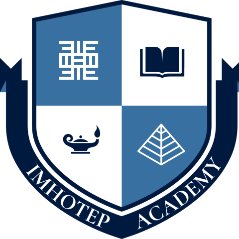 Imhotep Academy logo with white, light blue, and navy blue graphic elements