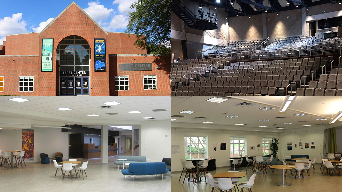 four different images of the Ferst Center for the arts including the exterior, the two lobbies, and the theater