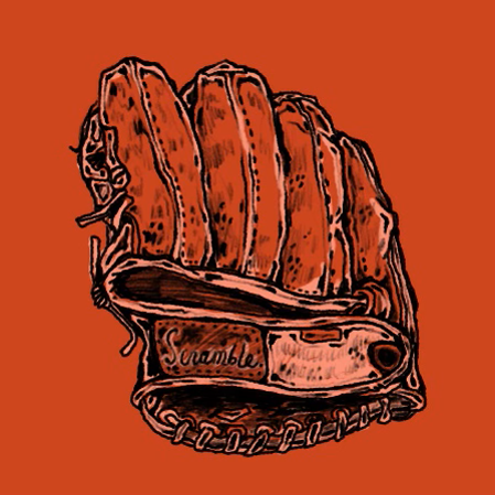a red square with a hand drawn illustrationof a baseball mitt
