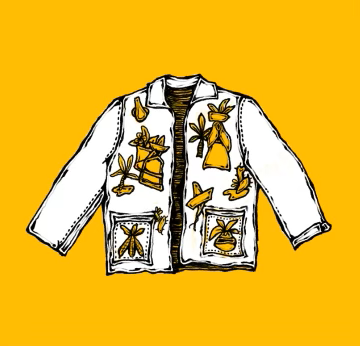 a yellow square with a hand-drawn illustration of a jacket