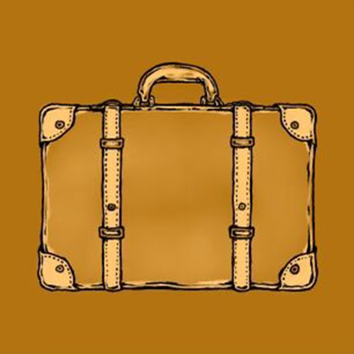 A orange-toned pen-and-ink drawing of a leather suitcase bound by buckled straps