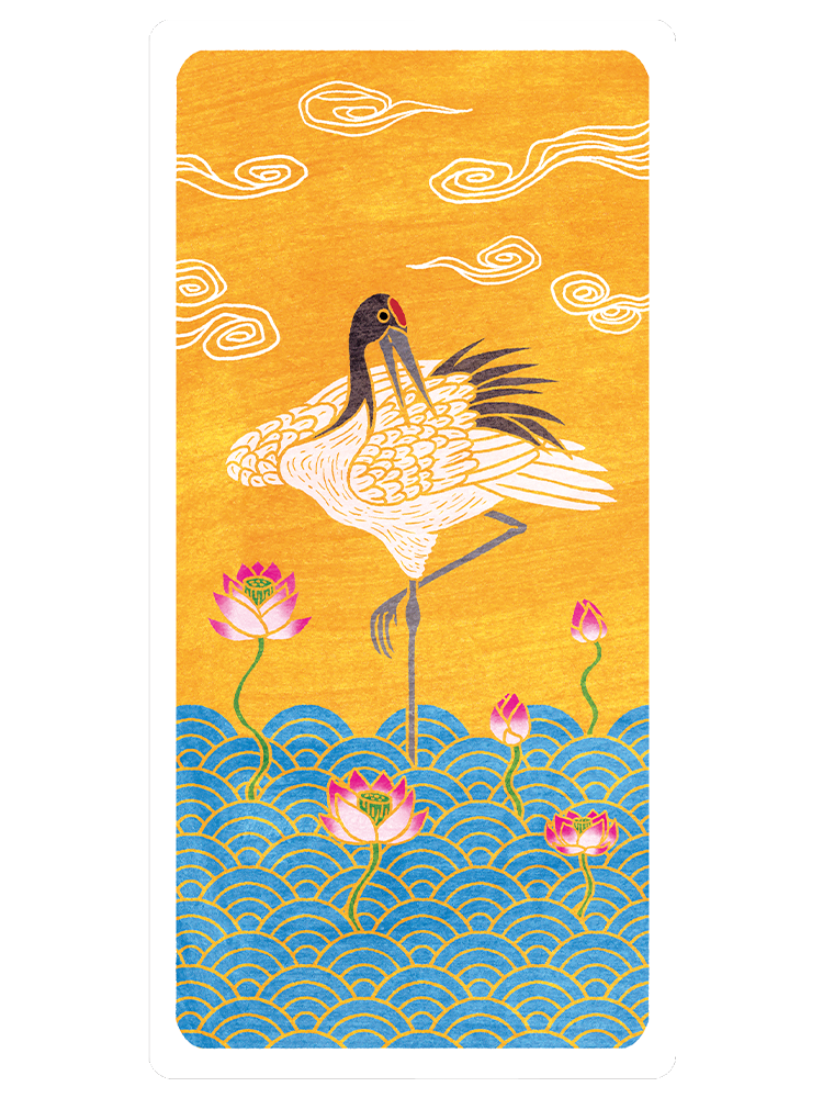 A woodcut print of a white crane against a bright yellow background with stylized blue and white waves.