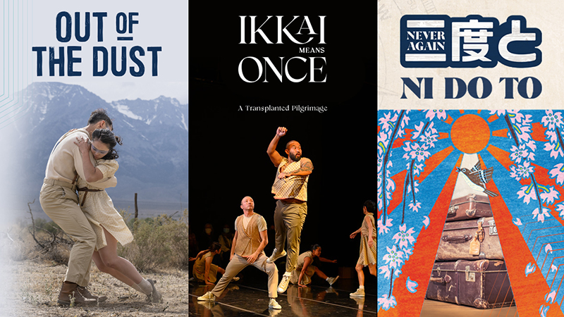 Three columns, each with distinct images and text. The first is OUT OF THE DUST with a photo of two figures and a mountain in the far distance. The second is IKKAI: a transplanted pilgrimage with a photo of a male dancer jumping in mid air surrounded by a circle of other dancers. The third is NI DO TO: never again with a colorful illustration representing the sun and sunbeams.