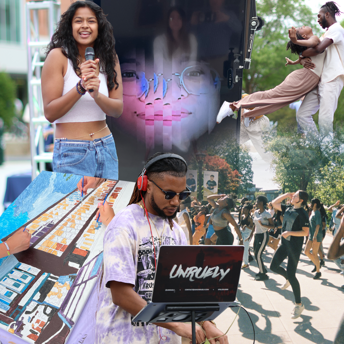 Collage of photos from 2023 tech arts festival block party