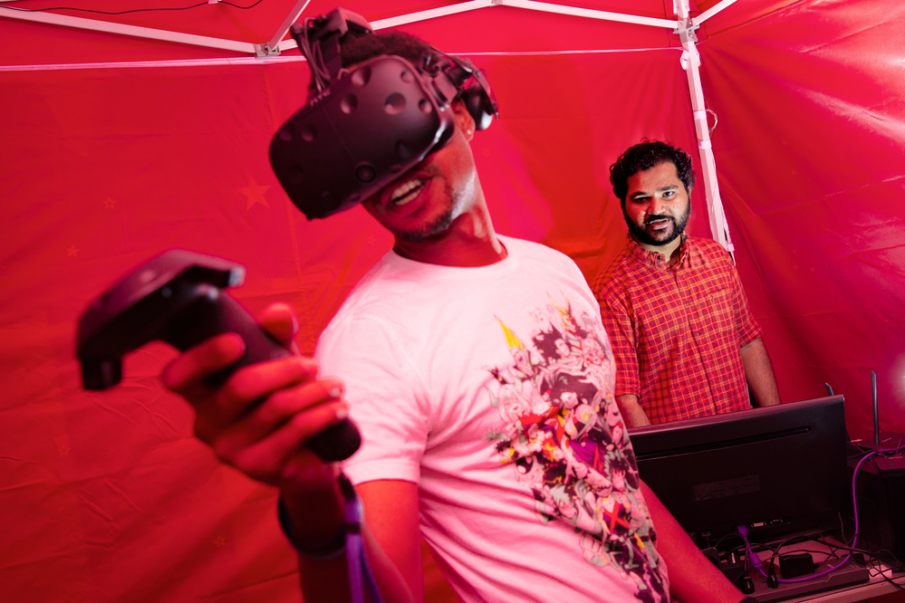 Man trying virtual reality headset