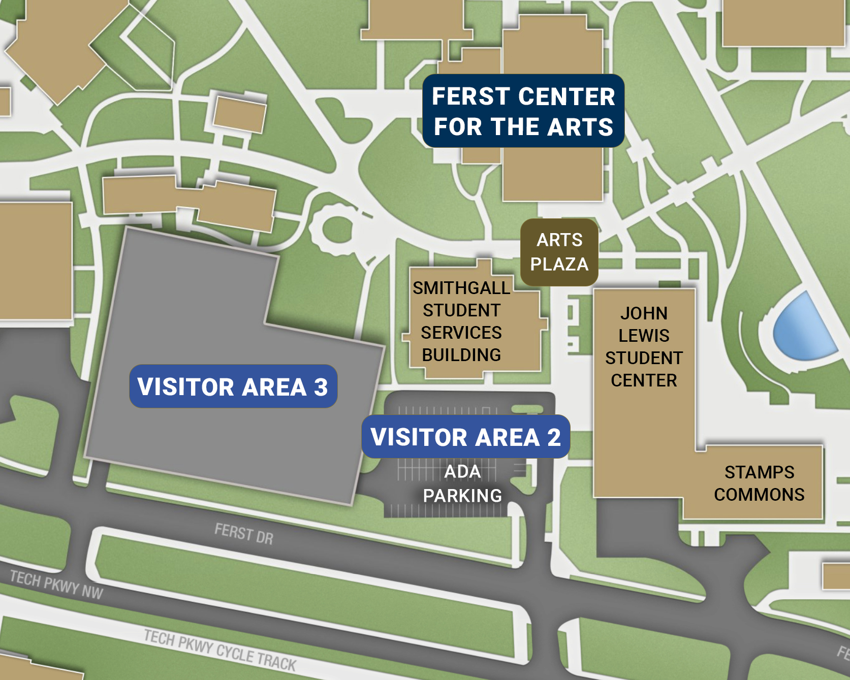Map of visitor parking locations for the Ferst Center for the Arts.