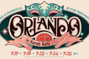 Promotional logo for the play Orlando by Sarah Ruhl, adapted from the novel by Virginia Woolf. The stylized title is set against a dark oval background with a pink masquerade mask at the top and a pink banner below.