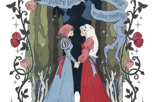 Poster for the play "Art is Useless When You're Being Mauled by a Bear" by Alisa Tangredi. Two women in historical dresses hold hands in a dark forest, framed by thorny vines and red roses. The text at the top reads "Art is Useless When You're Being Mauled by a Bear," and show dates from October 30 to November 14 are listed at the bottom along with ticket prices.