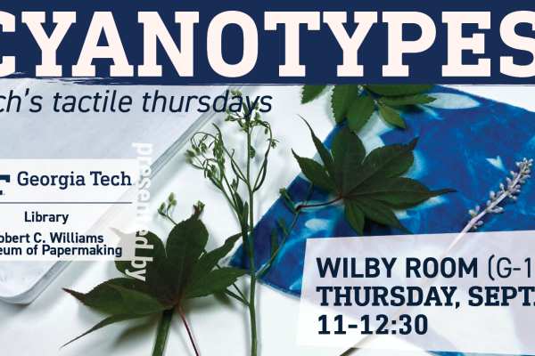 Digital signage for the cyanotypes workshop featruing an image of the art process. 