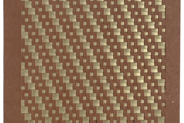 A brown and gold paper weaving sample by skye tafoya. 
