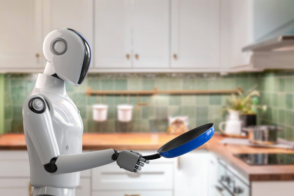 A white humanoid robot holds a blue pan while standing in a kitchen with a green backsplash