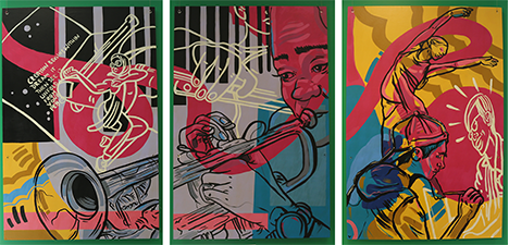 Three painted panels each with images of dance, music, and art, the figures outlined in black and filled in with vibrant abstract colors and shapes