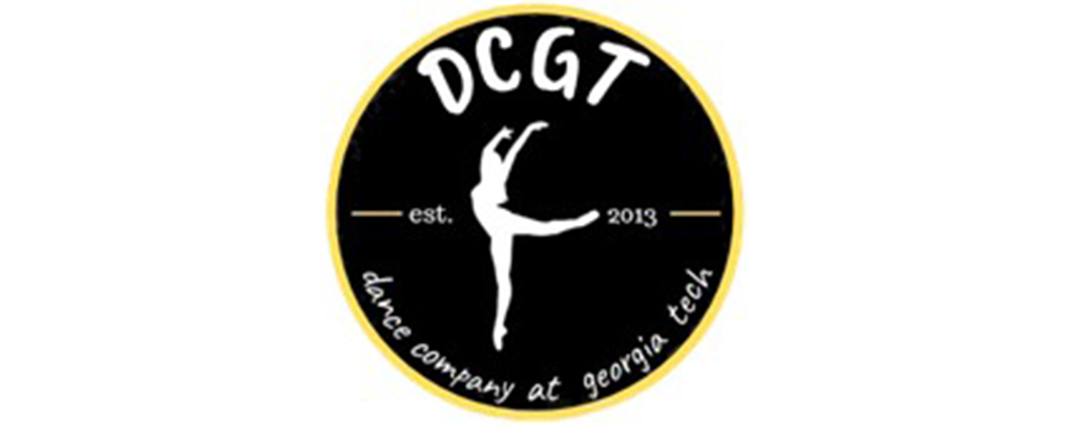 A black circle on a beige background. In the center of the circle a dancing figure in white and the words DCGT dance company at georgia tech