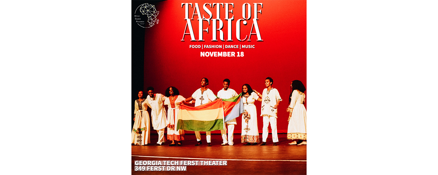 A group of performers stand on a stage in front of a red background. Taste Of Africa November 18 Georgia Tech Ferst Theater