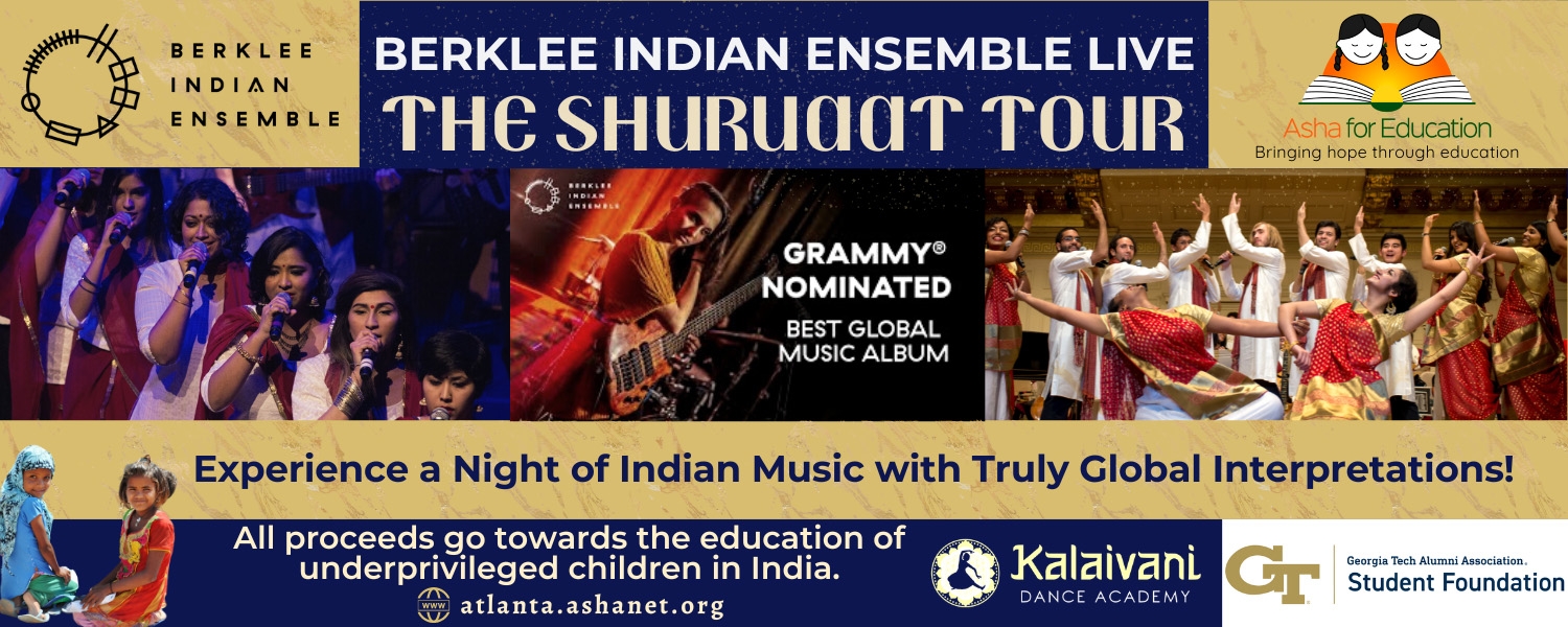 A collage of text, photos, and logos promoting the Berklee Indian Ensemble Live The Shuruaat Tour