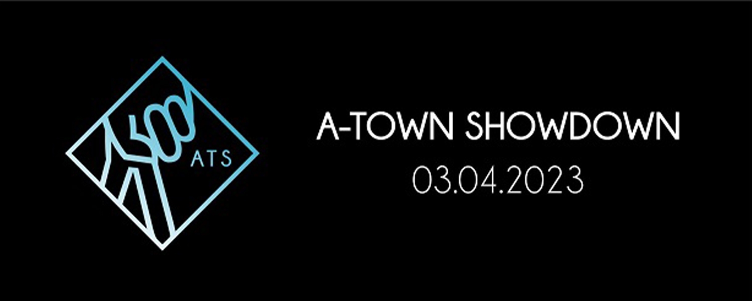 against a black background is a pale blue line drawing of a square with a hand making the peace symbol. Next to it are the words A-TOWN SHOWDOWN 03 04 23