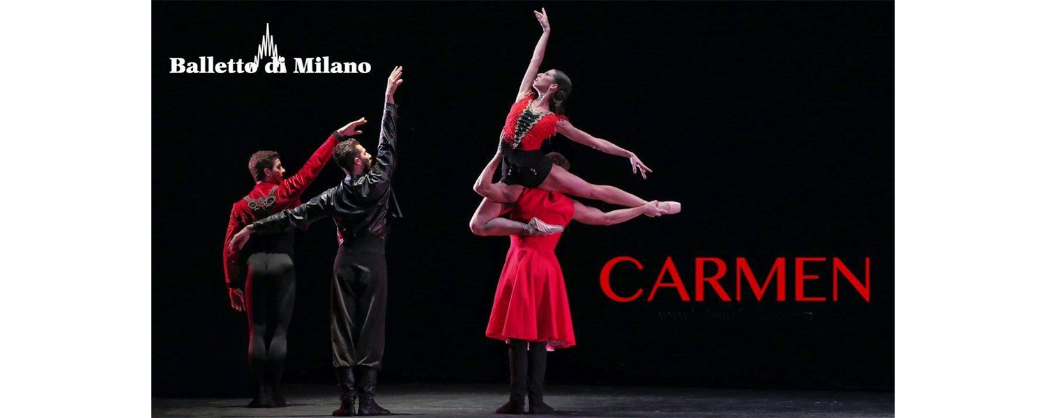 four ballet dancers against a black background with the words Balletto di Milano CARMEN