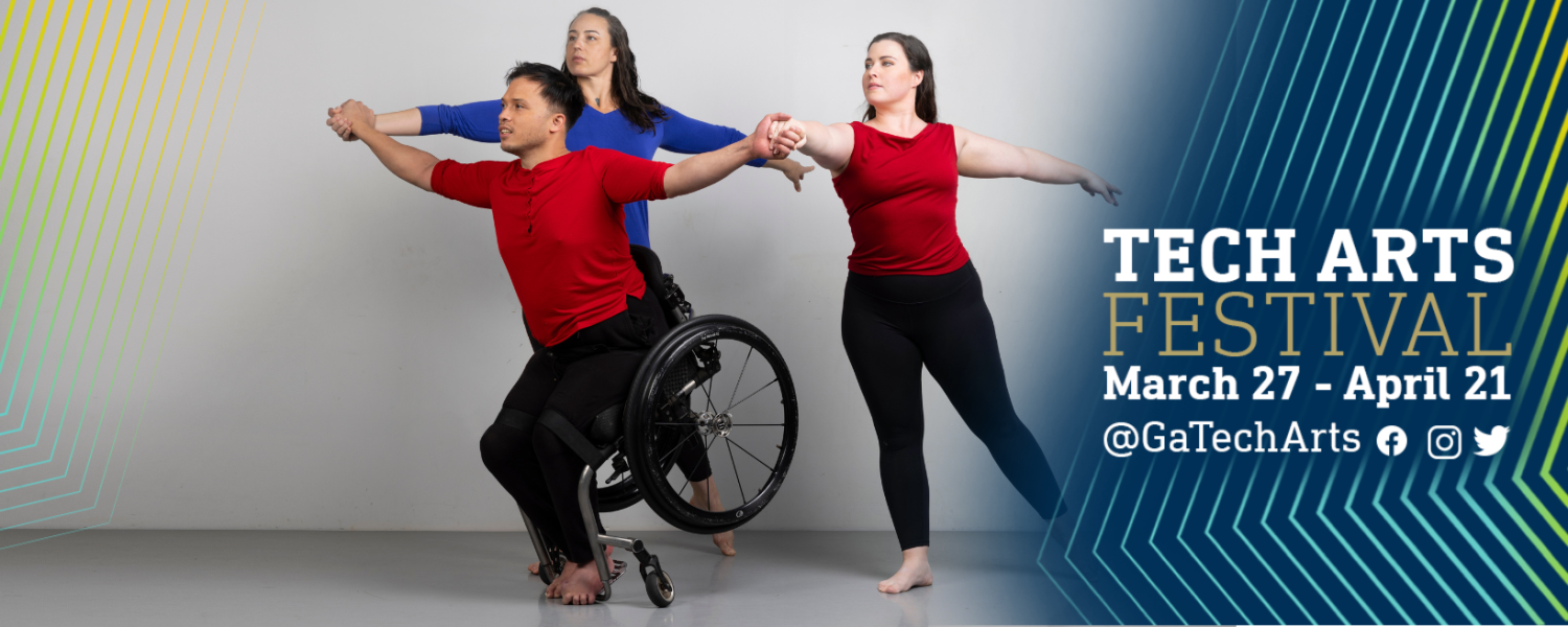 L. Trojic, Ashlee Jo Ramsey-Borunov, and Courtney Michelle McClendon Dancers posed together in a Full Radius Dance photography studio photoshoot. the photo framed by angled pinstripes in blue and gold and the words TECH ART FESTIVAL Study My TECHnique March 27-April 21