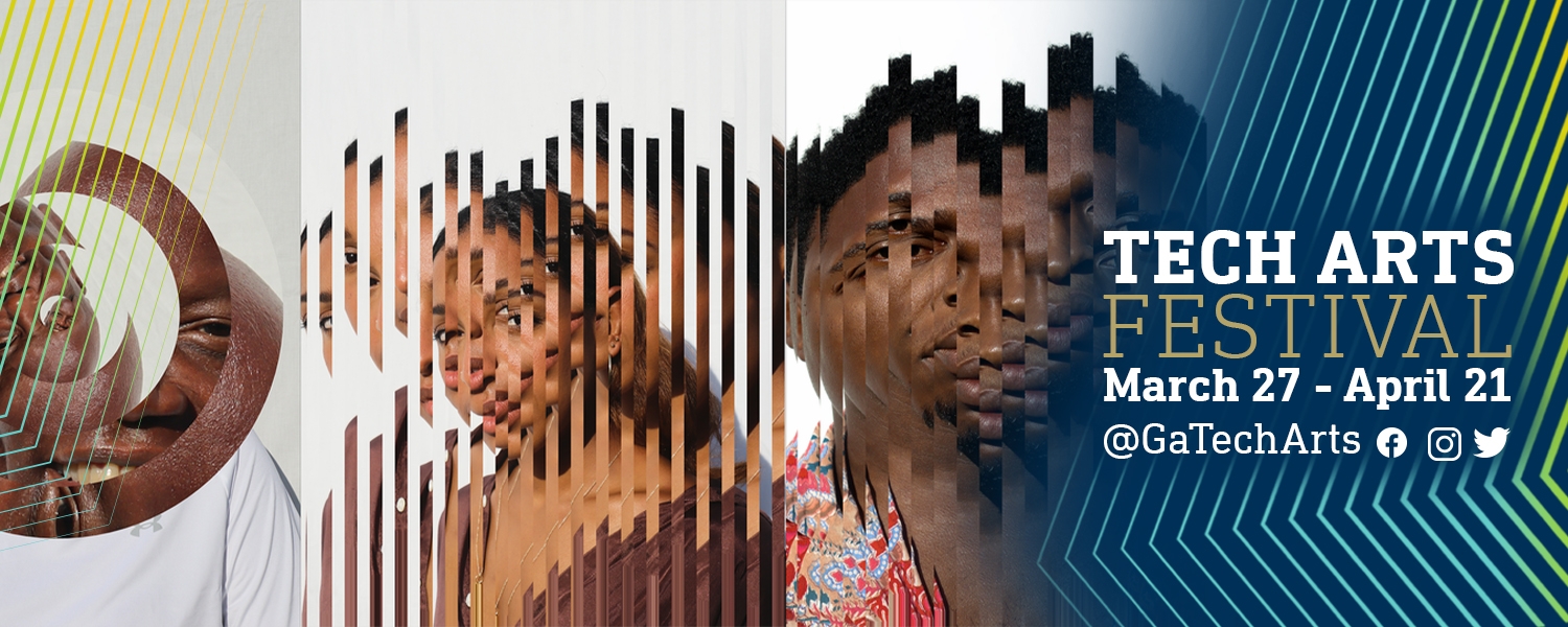 A series of computer manipulated portraits of three Black men and women, framed by angled pinstripes in blue and gold TECH ART FESTIVAL Study My TECHnique March 27-April 21