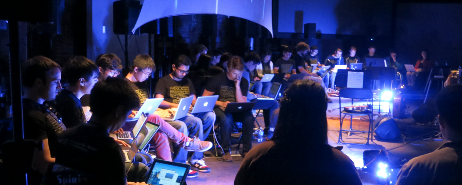 Georgia Tech Laptop Orchestra and New Music Ensemble during a performance.