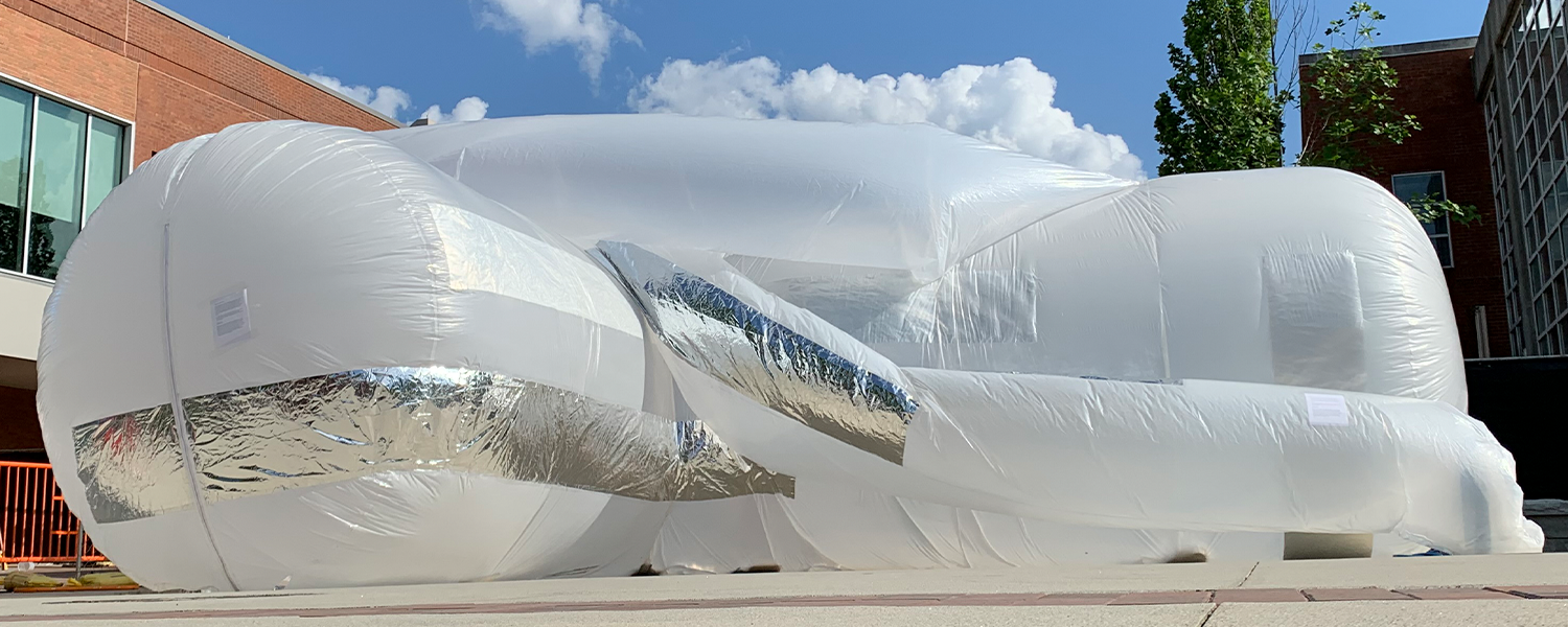 The sculpture at the Arts Plaza.