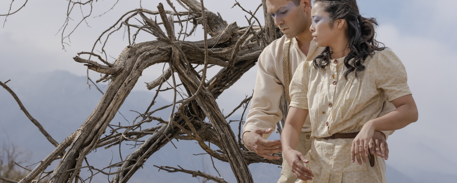 Two figures facing the camera but looking downward to the side, the man behind the woman with his arms around her waist. Twisted, gnarled, bare branches are next to them. Behind them is a range of mountains and smoky blue sky and clouds.