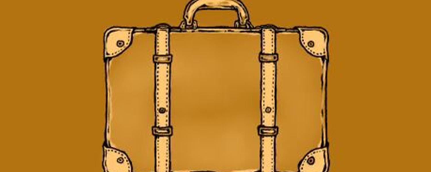 A pen-and-ink drawing of a brown leather suitcase with buckled straps and caps on the four corners 