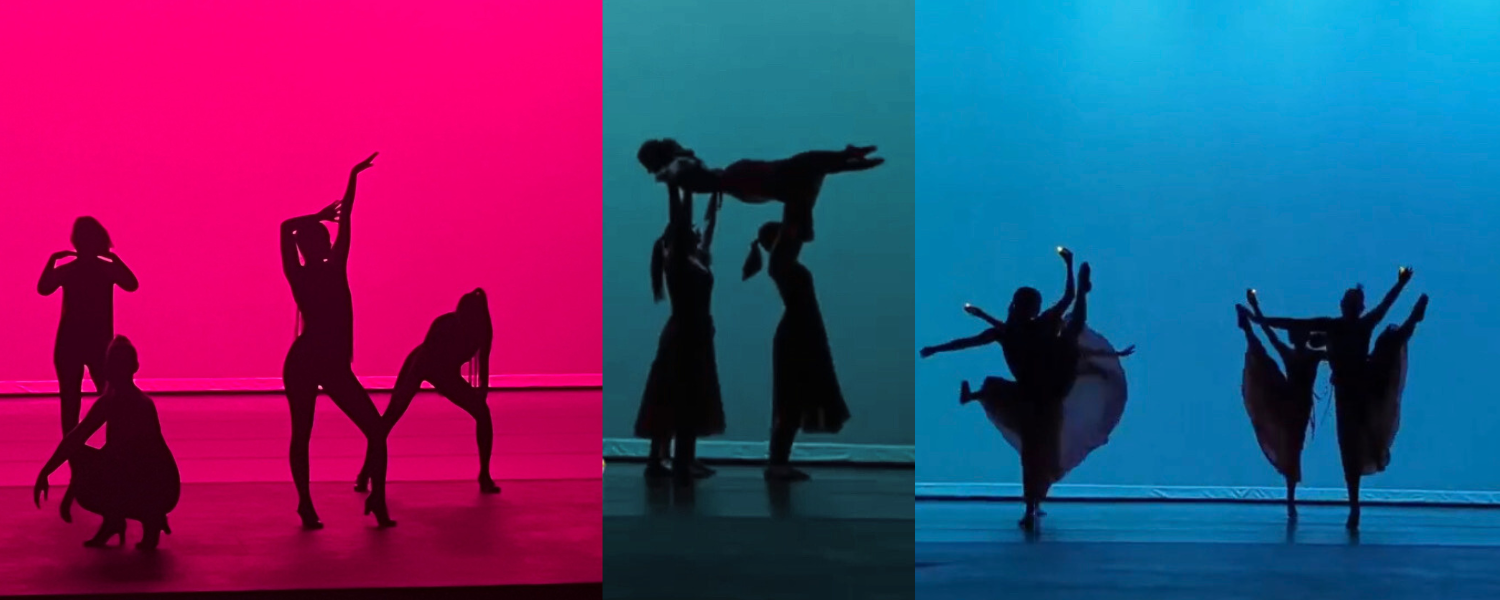 Silhouette of ten dancers with pink, green, and blue backdrop