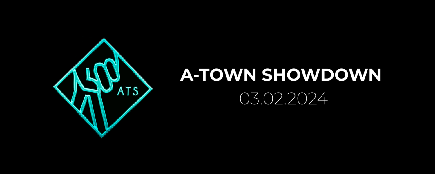 blue logo on black background with white text reading a-town showdown and date of march 2, 2024