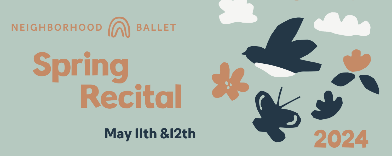 Light blue back ground with orange navy and white icons of bird butterfly flowers and clouds. Text reading Neighborhood Ballet Spring Recital May 11 and 12 2024