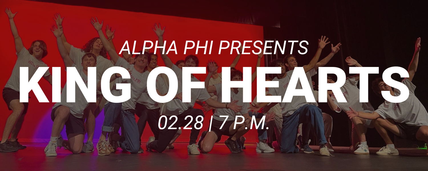 Group on stage wearing light color shirts with red stage lighting, text overlay reading Alpha Phi presents King of Hearts