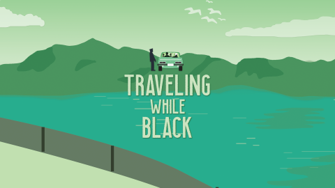 The words TRAVELING WHILE BLACK hover over an impressionistic landscape in shades of green. A green car is seen from the rear with a police officer in silhouette at the driver side door.