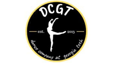 A black circle on a beige background. In the center of the circle a dancing figure in white and the words DCGT dance company at georgia tech