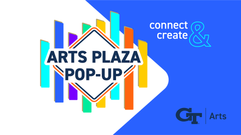 the words Arts Plaza Pop-Up connect and create  with bold primary colored shapes in the background