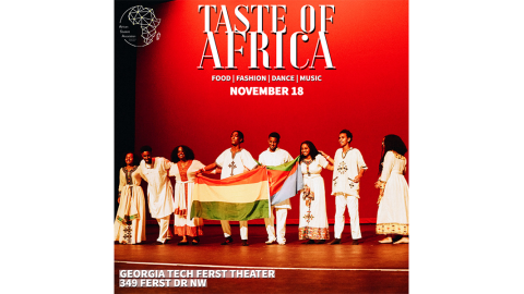 A group of performers stand on a stage in front of a red background. Taste Of Africa November 18 Georgia Tech Ferst Theater