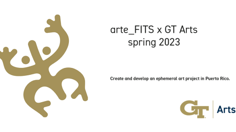 A hieroglyphic-like line drawing of the coqui, the small gold frog endemic to Puerto Rico with the words arte FITS x GT Arts Create and develop an ephemeral art project in Puerto Rico next to the words arte_FITS x GT Arts spring 2023 create and develop an ephemeal art project in Puerto Rico
