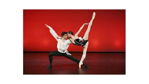 a ballet duet with a man in black tights and white blouson and a woman in a  black bustier leotard and white tights