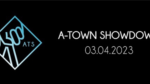 against a black background is a pale blue line drawing of a square with a hand making the peace symbol. Next to it are the words A-TOWN SHOWDOWN 03 04 23