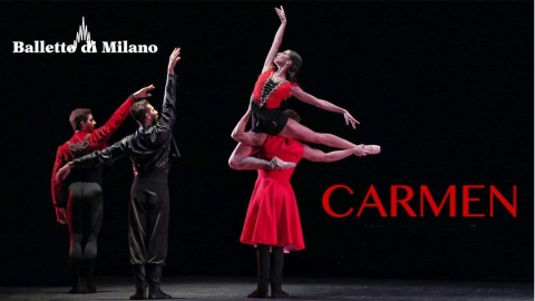 four ballet dancers against a black background with the words Balletto di Milano CARMEN