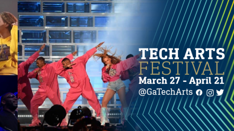 A triptych of photos from Beyonce's performance at Coachella, surrounded by her dancers; the images are framed by angled pinstripes in blue and gold and the words TECH ART FESTIVAL Study My TECHnique March 27-April 21    