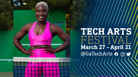 A Black woman with close cropped white curly hair wearing neon pink workout gear, standing behind a tennis net, her hands on her hips as she faces the camera with a smile. The image is framed by angled pinstripes in blue and gold TECH ART FESTIVAL Study My TECHnique March 27-April 21