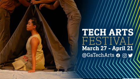  A photo of one dancer, she is sitting on the ground inside what looks to be a canvas tent. The photo is framed by angled pinstripes in blue and gold and the words TECH ARTs FESTIVAL March 27-April 21. 