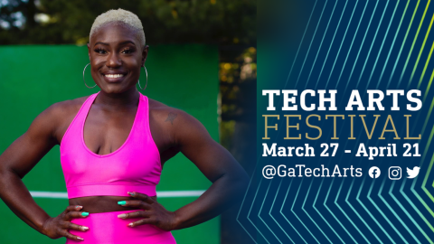 Dionne Eleby wearing neon pink workout gear, her hands on her hips as she faces the camera with a smile. The image is framed by angled pinstripes in blue and gold TECH ART FESTIVAL Study My TECHnique March 27-April 21.