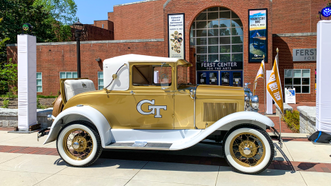 The Georgia Tech Ramblin' Reck parked on the Arts Plaza.