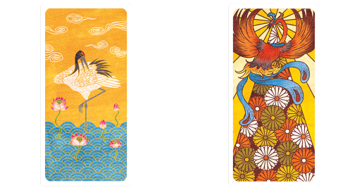 A woodcut print of a white crane against a bright yellow background with stylized blue and white waves. A woodcut print of a brightly colored stylized peacock against a sunrise over a bed of chrysanthemums.